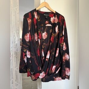 Lane Bryant Black Pink Floral V-Neck Long Sleeve Blouse